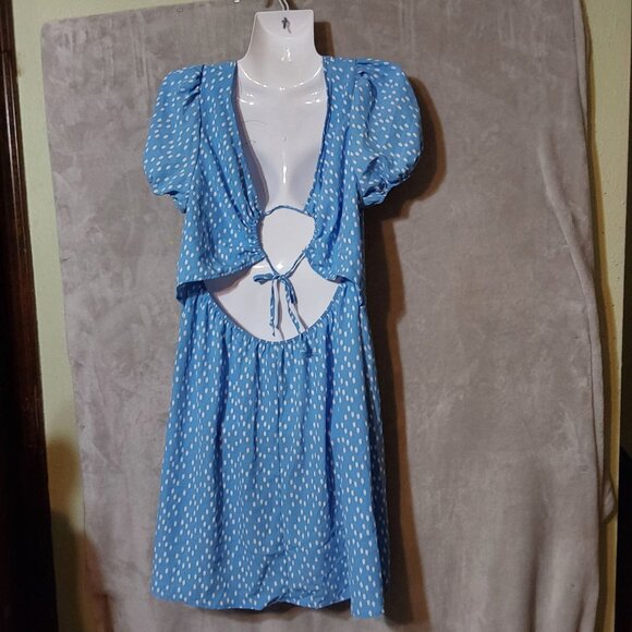 Liliy Rose Blue/White‎ puff sleeve Cut Away Back with Straps Cottage Core Large - Picture 5 of 12